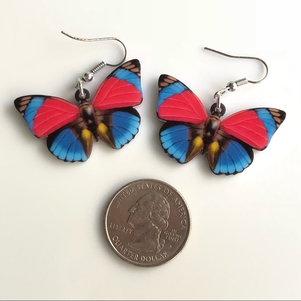 NEW Acrylic Red and Blue Butterfly Earrings - Picture 3 of 6
